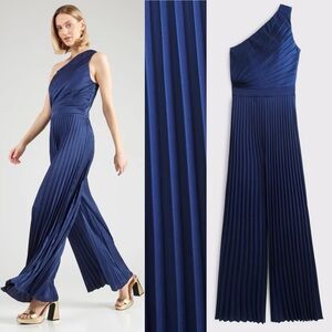 Abercrombie & Fitch Giselle Pleated One-Shoulder Jumpsuit in Navy Satin